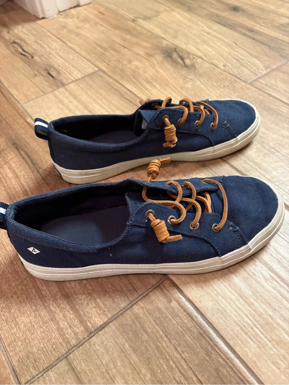 Sperry Navy Canvas Slip-On Sneakers with Brown Laces